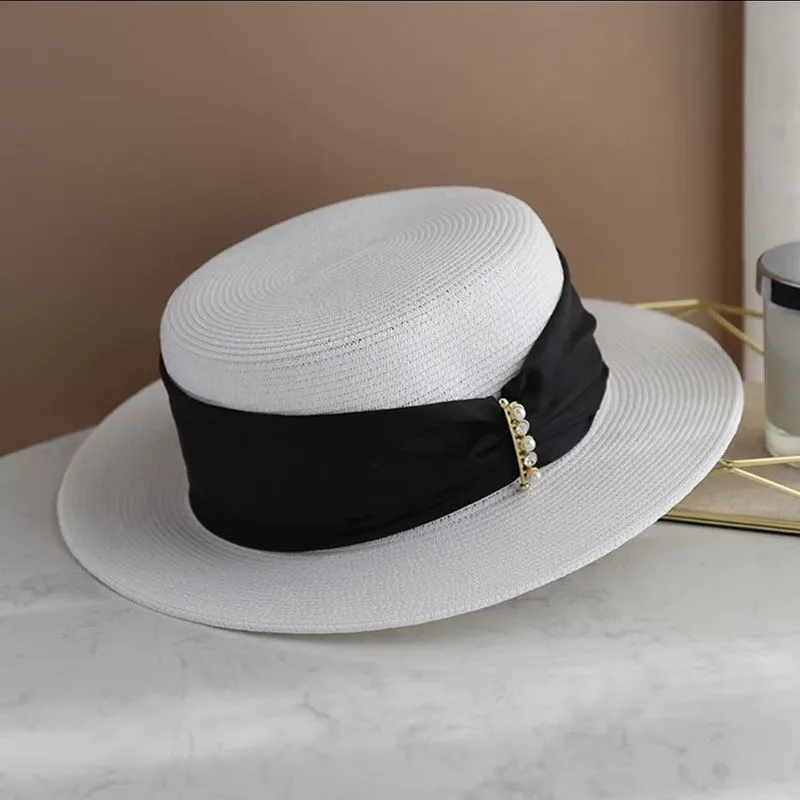 

Summer women casual wide ribbon straw hat Pearls Flat Sun protection hat Outdoor leisure cap for travel