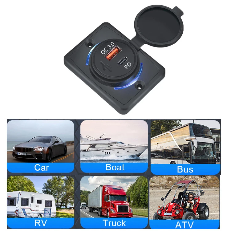 12V/24V In Car USB Charging Socket  Motorhome USB Panel Mobile Charger QC3.0+PD3.0 Fast Charging for RV Bus touring car Boats