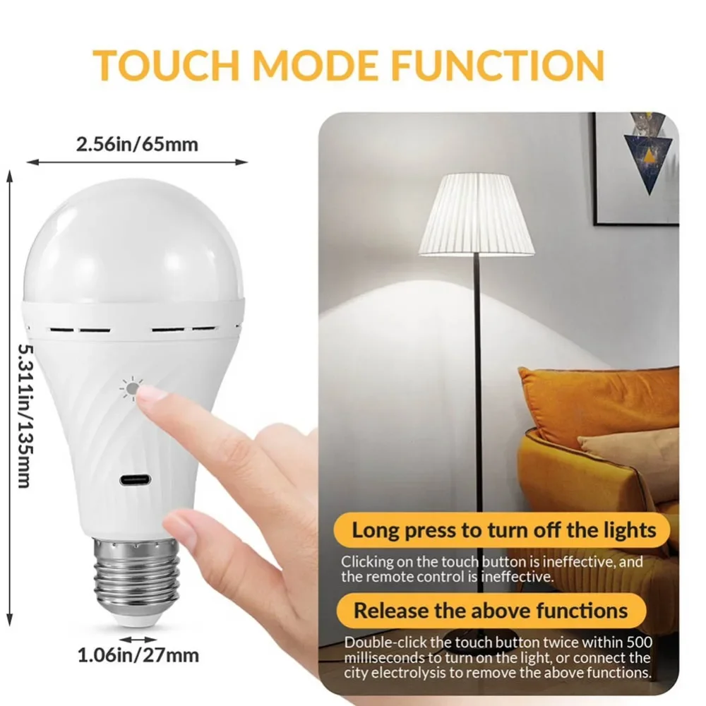 E27 Rechargeable Light Bulb 7W Double Charging Modes Bulb Dimmable Remote Control Lamp with Hook Emergency Bulbs