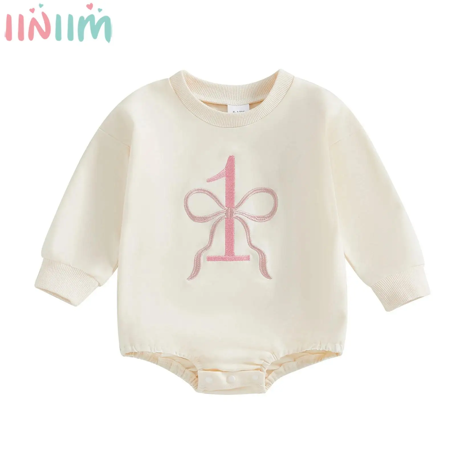 

Baby Boys Girls 1st Birthday Romper Long Sleeve Button Crotch Embroidery Sweatshirt Style Bodysuit for Cake Smash Photography