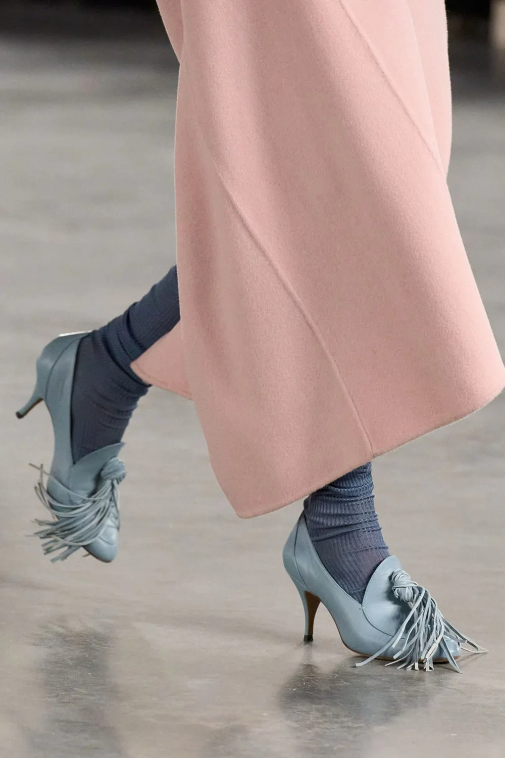Elegant Light Blue Leather Low Stiletto Heel Shoes Fringe Tassel Bow Ornament Point Toe Slip-on Pumps Retro Daily Footwear