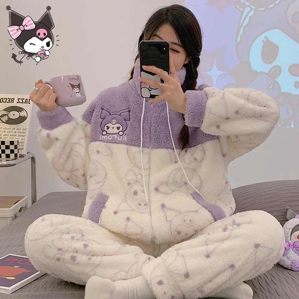 Kawaii 2Pcs Kuromi Cinnamoroll Pajama Set Winter Plush Thicken Home Clothes Sanrioed Anime Cartoon Warm Student Girl Cute Sweet