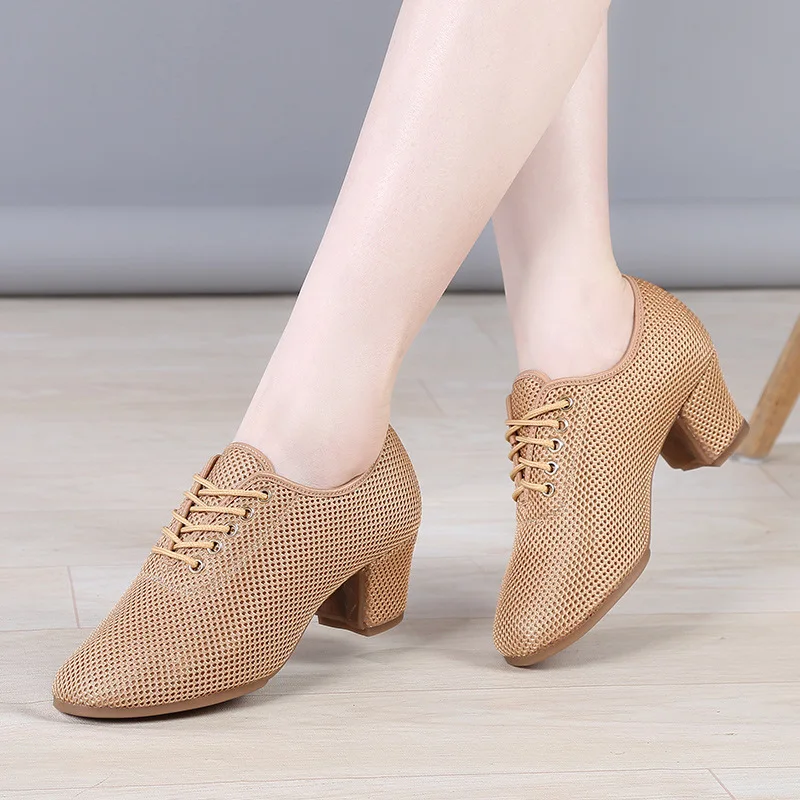 Zapatos de baile latino de tela de red para mujer, zapatos de baile de salón de Jazz, tacones altos para entrenamiento de niños, zapatillas de baile de Tango modernas, novedad