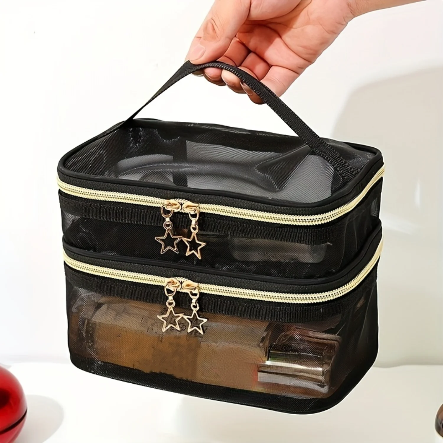 Double Layer Travel Cosmetic Bag, Makeup Brush  Bag, Portable Zipper Toiletry Bag With Handle, Travel Accessories Wash Bag