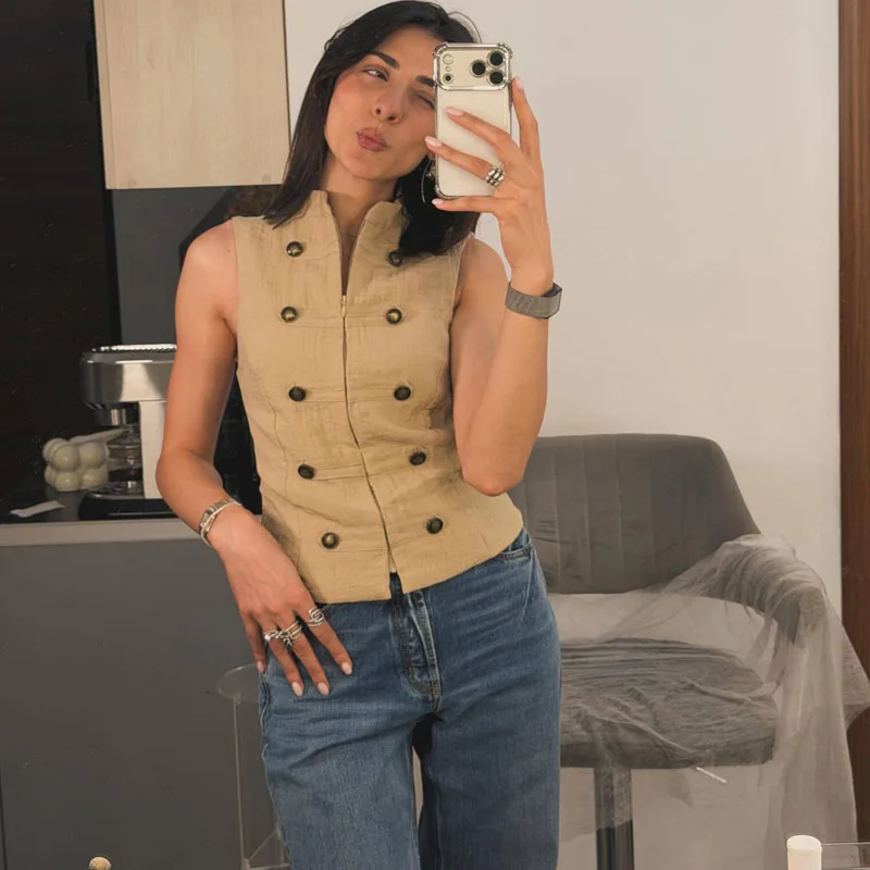 HXAO Women's Cropped Sleeveless Vest Summer Button Waistcoat Zip Up Crop Tank Top Jacket Female Casual Streetwear Shirt Tops