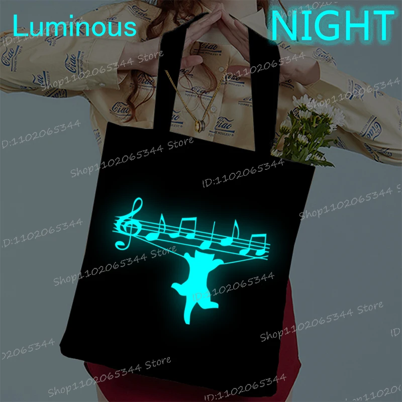 

Холщовая большая сумка с музыкальной нотой и котом, светящаяся стильная сумка в стиле Харадзюку с котенком, повседневная повседневная сумка для покупок, многофункциональные сумки для хранения для женщин и мужчин