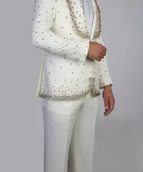 Conjunto de traje de Jacquard blanco para hombre, Blazer + chaleco + Pantalones, perlas de lujo, esmoquin de boda para novio, chaqueta hecha a medida de graduación, 3 piezas