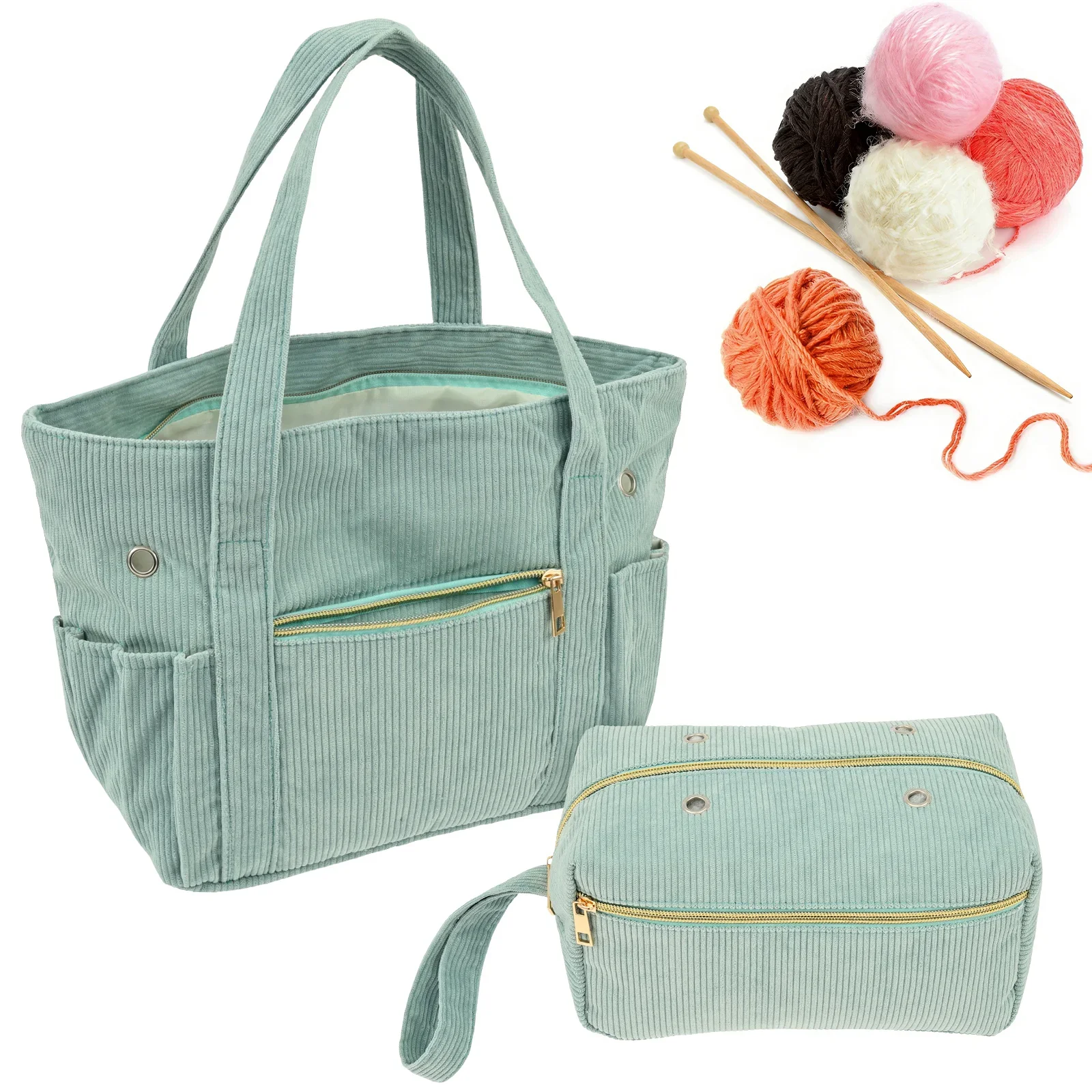 

Large Capacity Crochet Bag Corduroy Crochet Bag with Grommet Needle Holder Portable DIY Needle Arts Craft Yarn Bag for Hooks