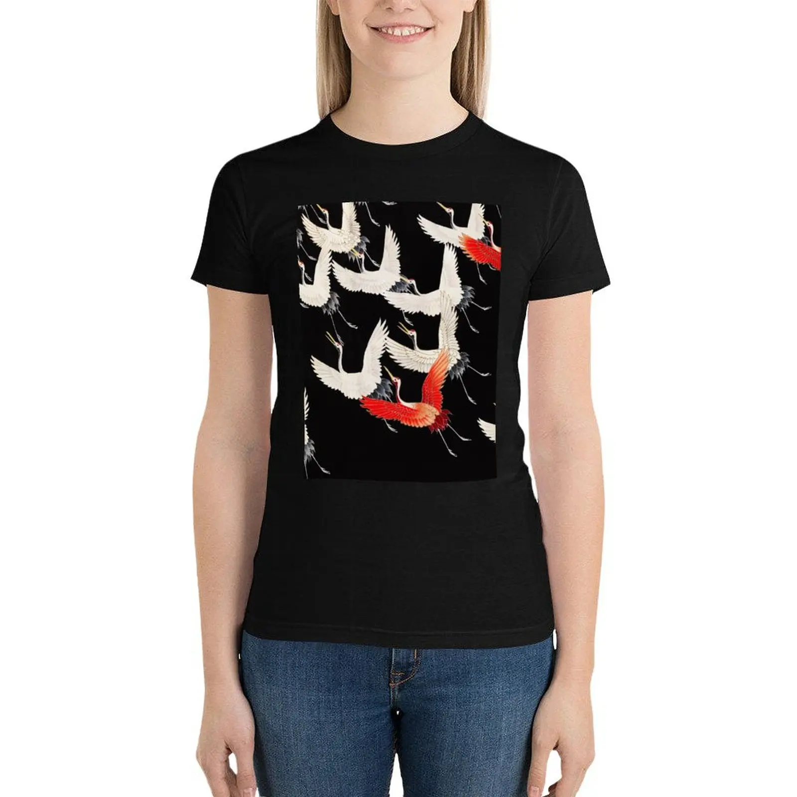 

Furisode with a Myriad of Flying Cranes - Japanese Art T-Shirt vintage clothes tops Women's cotton t-shirt