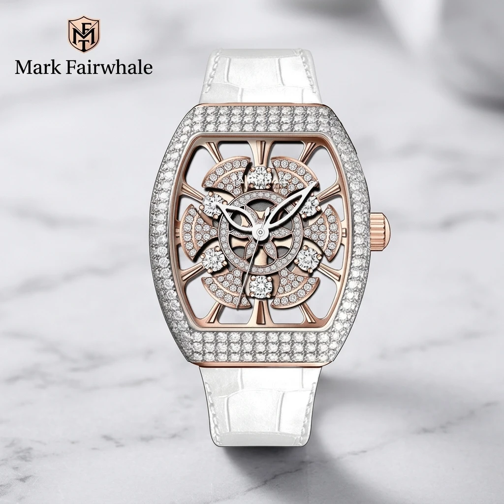 Women Tonneau Quartz Wristwatch Mark Fairwhale Hollow Out Floral Crystal Dial Diamond Encrusted Bezel Leather Band Ladies Watch