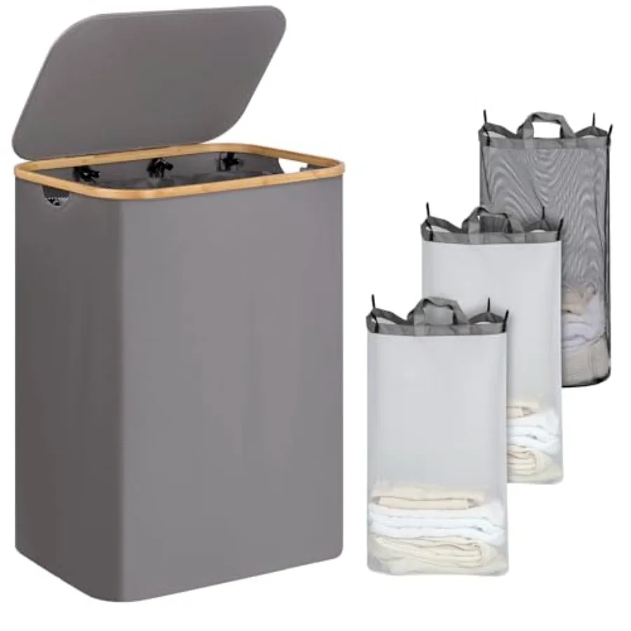 

Laundry Basket with Lid, Laundry Hamper with Bamboo Handle, Clothes Basket Organizer with Removable Inner Bag for Clothes Towel