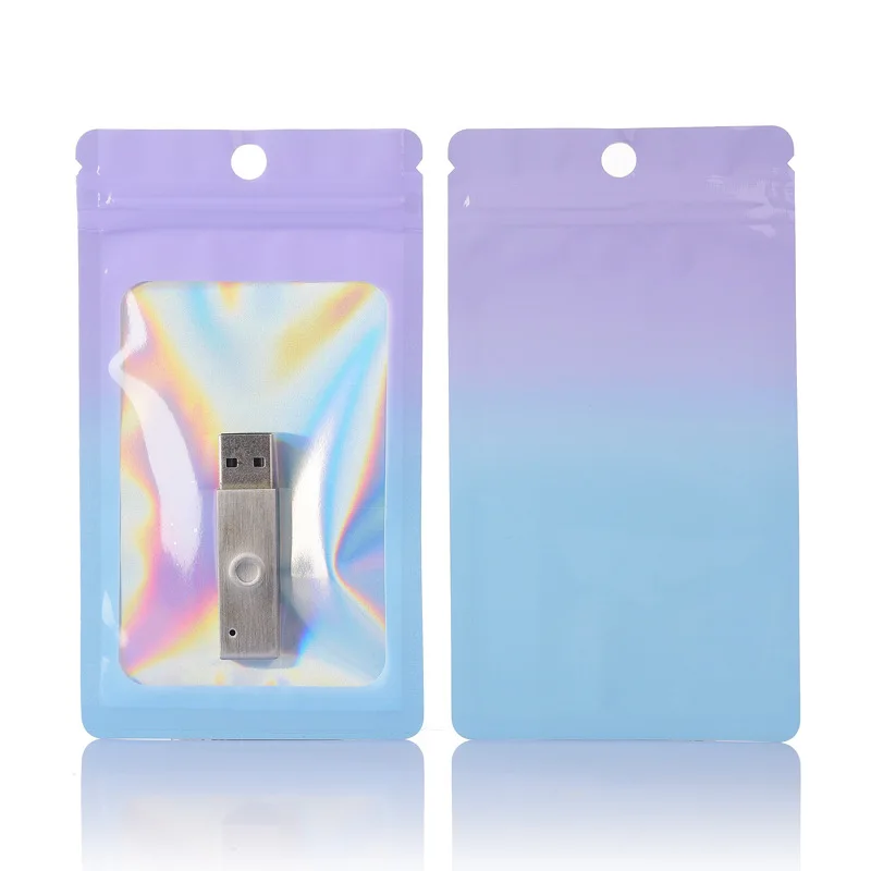 100pcs Holographic Mylar Flat Zip Lock Package Bags Smell Proof Laser Aluminum Foil Plastic Zip Bag Pouches with Clear Window