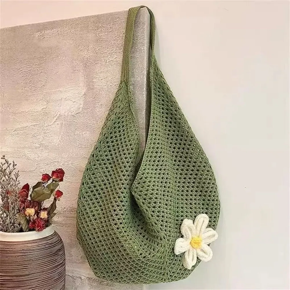 

Solid Color Knitting Shoulder Bag Flower Large Capacity Bohemian Crochet Tote Bag Hollow Out Versatile Casual Woven Handbag