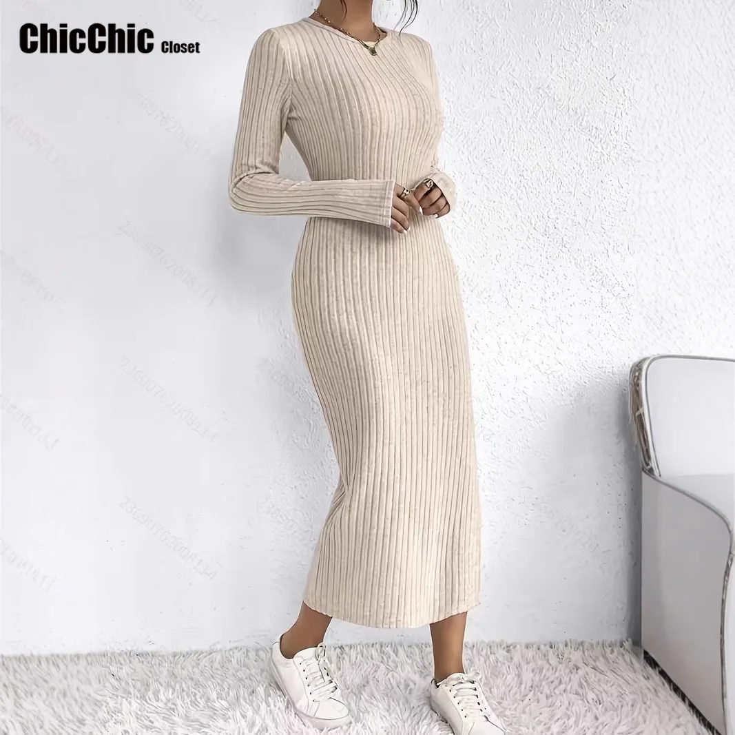 Weiblicher Pullover, Oberschenkel, gerippt, figurbetontes Kleid, lässig, langärmelig, O-Ausschnitt, Kleid für Herbst und Winter, Damenbekleidung, 2025, Neu