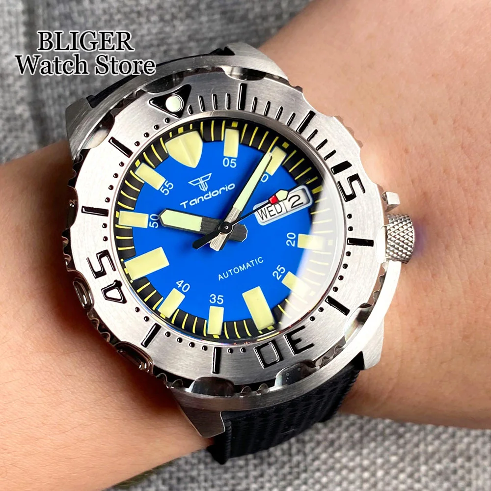 

Tandorio Blue 42mm Monster Style 20ATM Waterproof NH36 Automatic Diving Watch Men AR Sapphire Glass Luminous Hands Rubber Strap