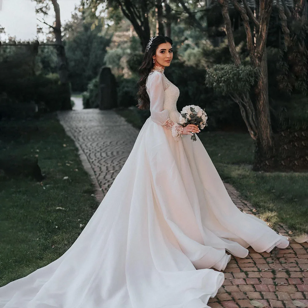 

Modest Wedding Dresses High Neck Long Sleeves Civil Bride Dress Appliques A Line Organza Bridal Gown Customized robe de mariée