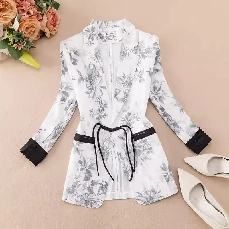 2024 Summer Blazer Thin Chinese Style Printed Button Up Three Quarter Sleeve Suit Jacket For Women's Outerwear Top k1317