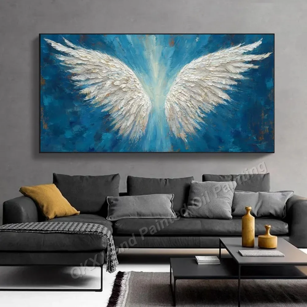 Impasto 3D White Angel Wings Hand-Painted Oil Painting on Canvas Deep Blue Textured Wall Art Decor for Living Room