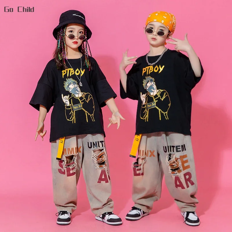 Boys Streetwear Street Dance CartoonT-shirt Ripped Jeans Girls Hip Hop Clothes Sets Kids Jazz Loose Denim Pants Outfits Costumes