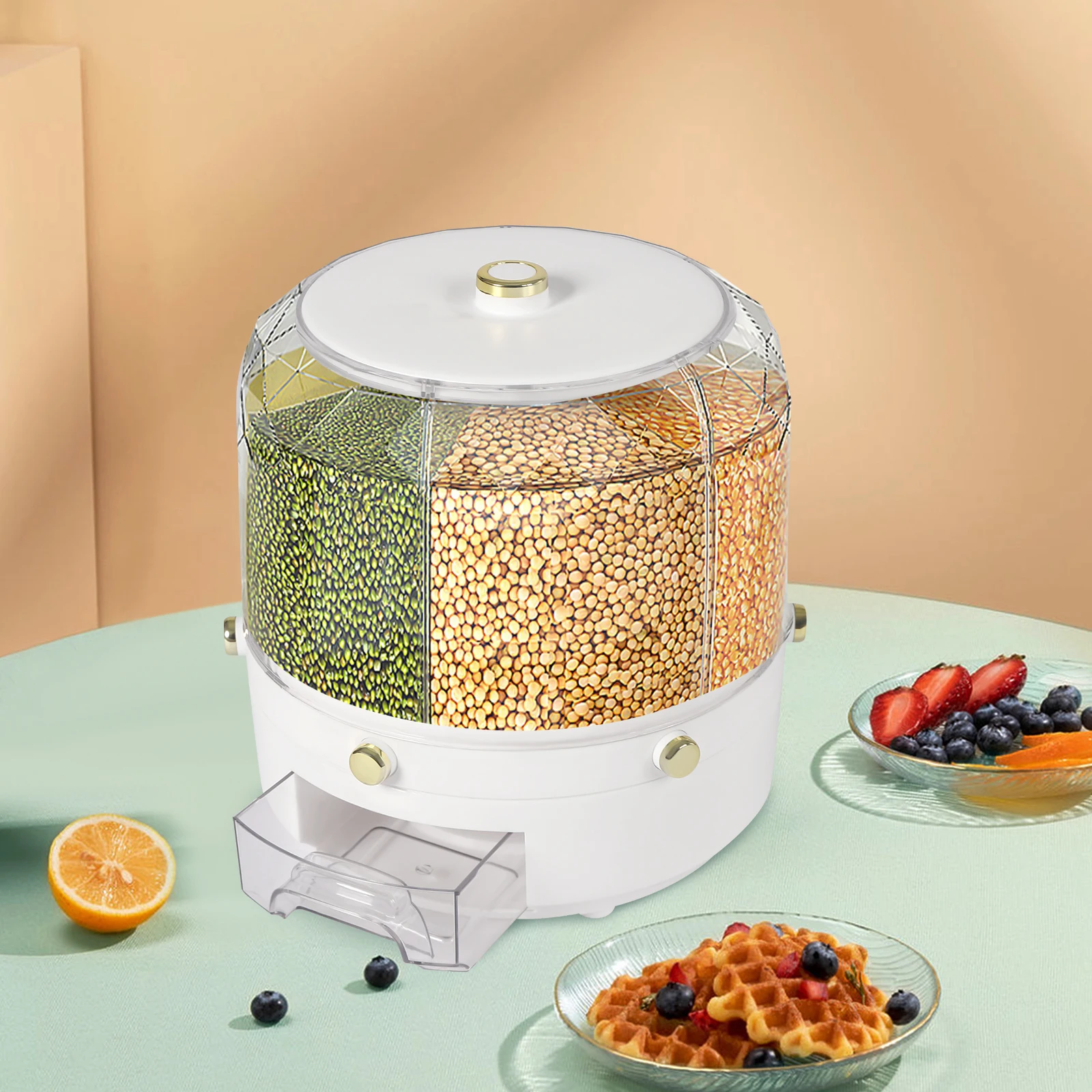 Rice Food Grain Dispenser 6 Grids Rice & Grain Storage Container Rotatable Sealed Grain Food Storage One-Button Pressing Storage