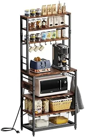 

7-Tier Kitchen Baker\u2019s Rack with Power Outlet，Utility Rack with 12 Hooks, Industrial Microwave Stand, Floor Standing Sp