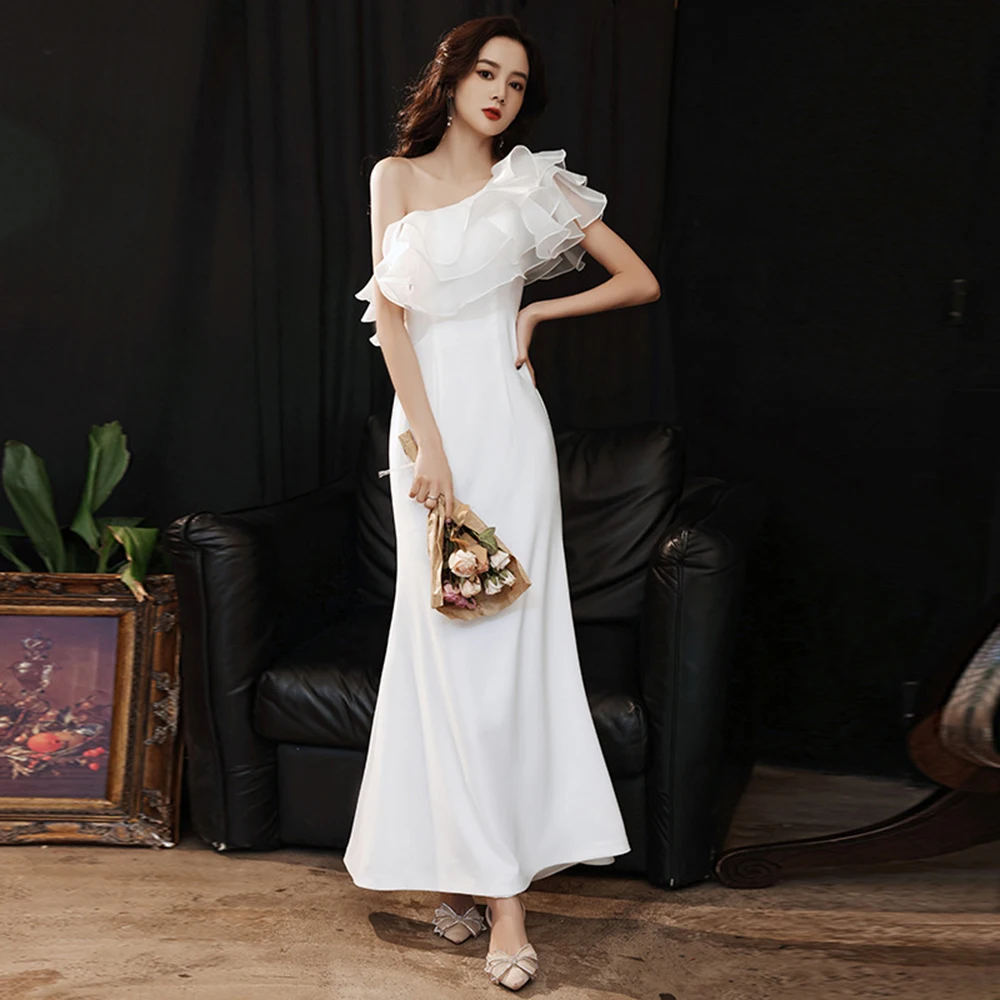 Elegant White Satin Evening Dress Women Backless Slanted Tiered Puff Ruffles Collar Cocktail Dress Slim Mermaid Long Vestido