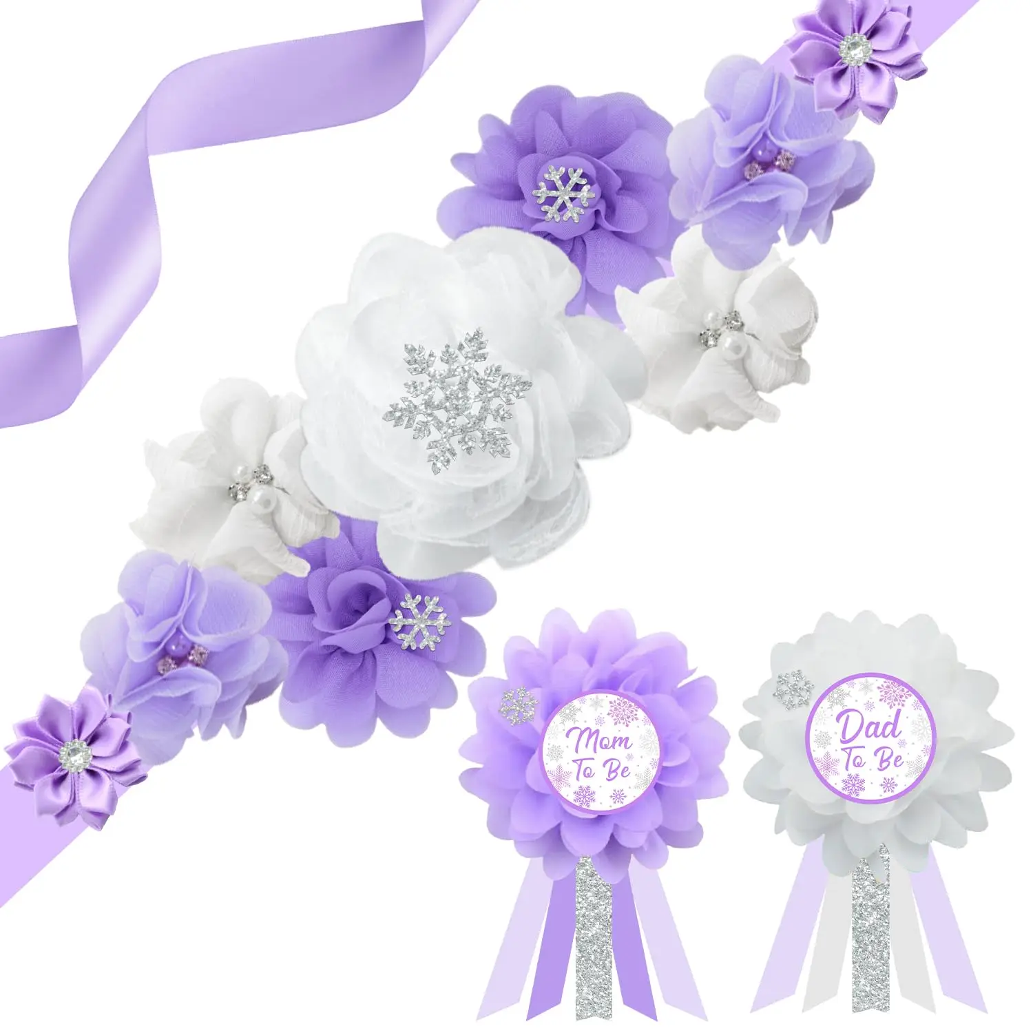 Kreat4joy Winter Snowflake Baby Shower Maternity Sash and Corsage Pin Set Purple White Flowers New Pregnancy Photography Props