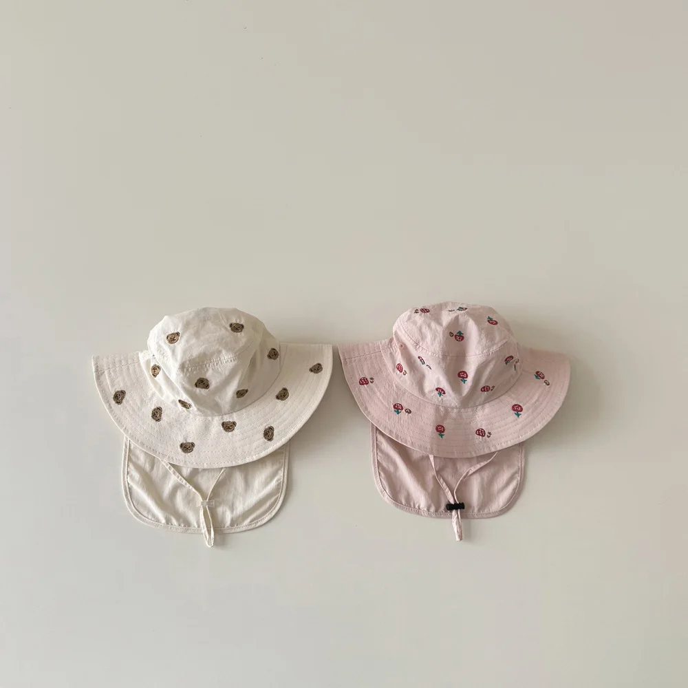 

Новая детская шапка для детей от 6 месяцев до 6 лет с вышивкой в виде медведя/гриба, быстросохнущая шаль-накидка, рыбацкая шапка с широкими полями