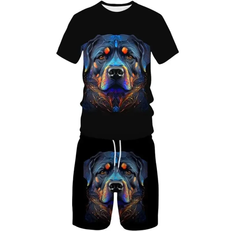 Letni zestaw sportowy z nadrukiem 3D na rok 2025, męski i damski, uroczy zestaw z koszulką i szortami z motywem psa, 2-częściowy zestaw.