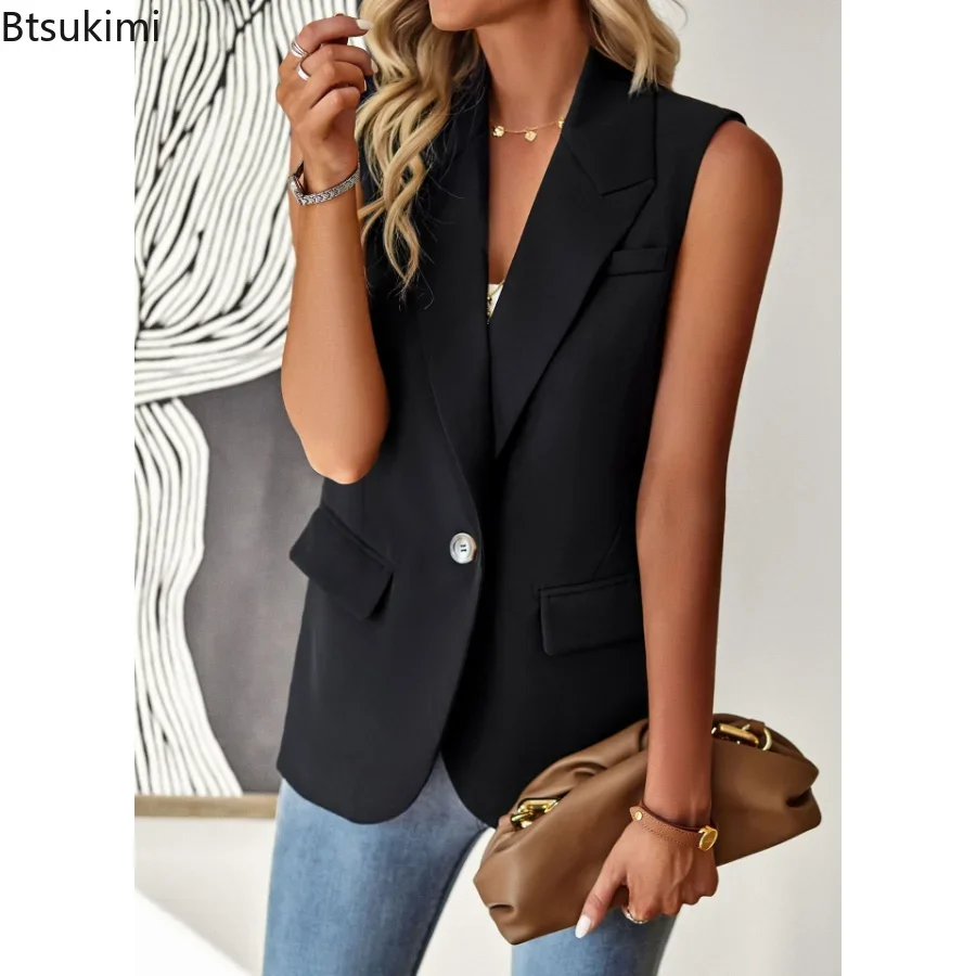 Vests for Women Single Button Lapel Collar Vest Blazer Sexy Sleeveless Solid Colors Sleeveless Korean Vest Business Jacket Coat