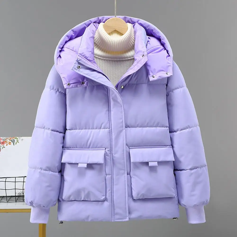 Manteau d'hiver en duvet avec col montant et poches zippées, parka rembourrée à capuche, veste en coton coupe-vent pour temps froid, rétention de la chaleur