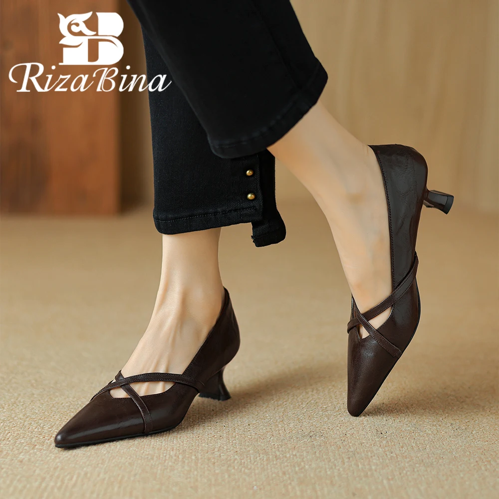 

RIZABINA Solid Color Women Pumps Genuine Leather Pointed Toe Cross-tie Mid Heel Shoes Ladies Comfort Slip On Dress Office Shoes