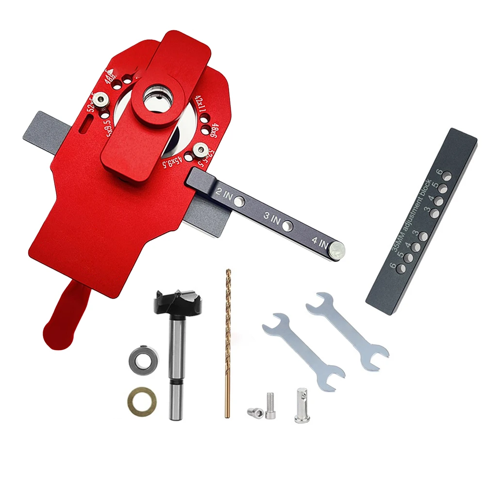 

Adjustable Hole Punch Tool Red With Gray Cabinet Door Tool Adjustable Hole Distance High-Strength Construction