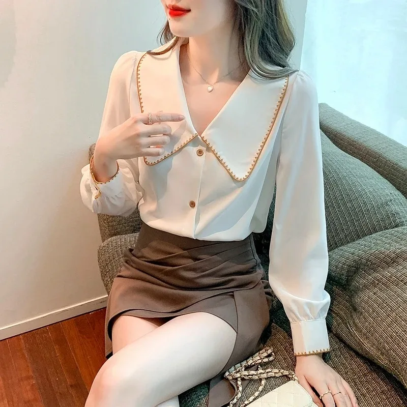 Long Sleeve Blouse Women White Chiffon Blouse Shirt Tops Women Blusas Mujer De Moda 2024 Blouses Camisas Blusa Feminina F521