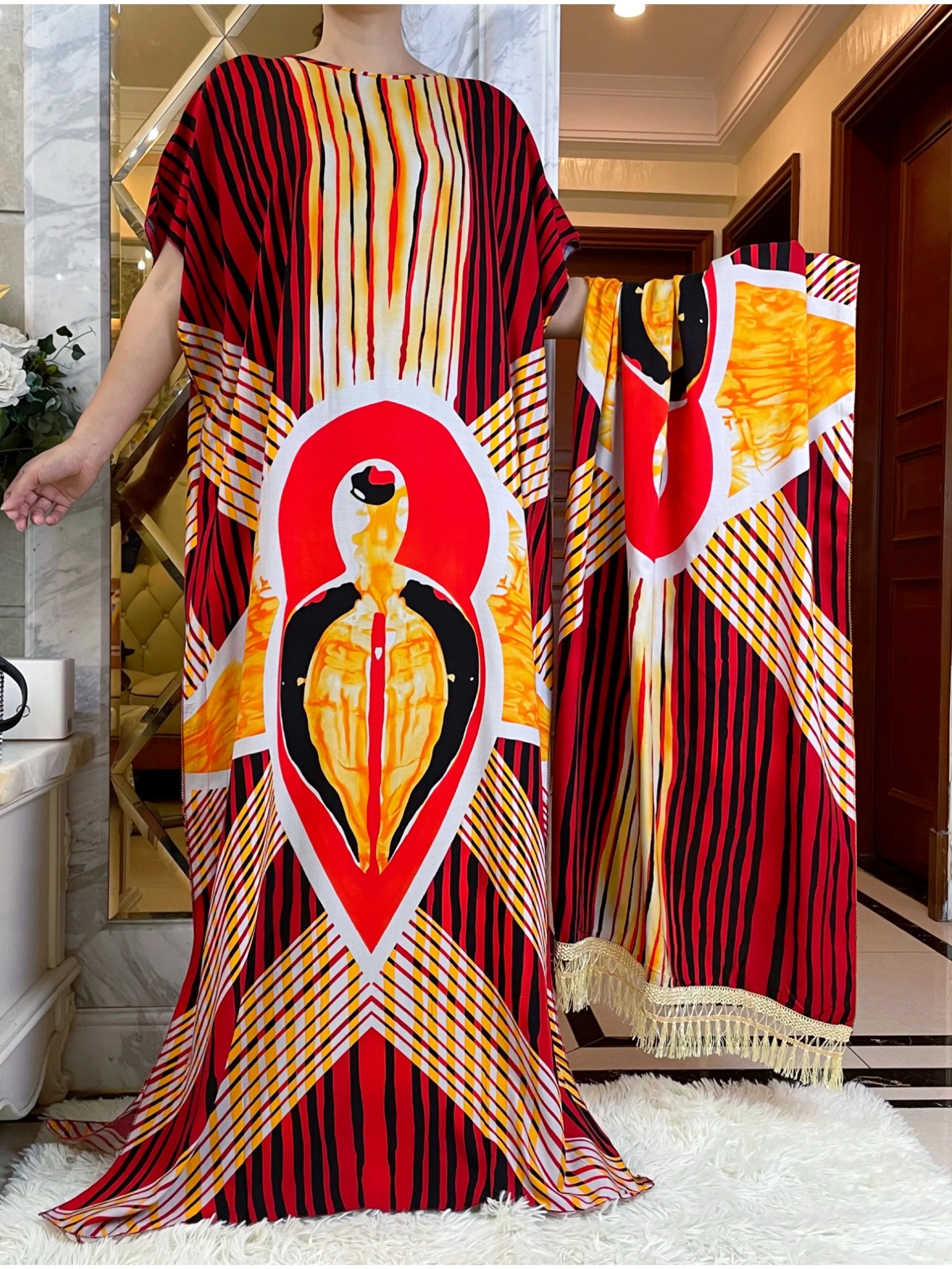 

Latest Muslim Fashion Summer Short Sleeve Dresses Floral Print Colorful Boubou Maxi Islam Women Dress With Big Scarf Abaya