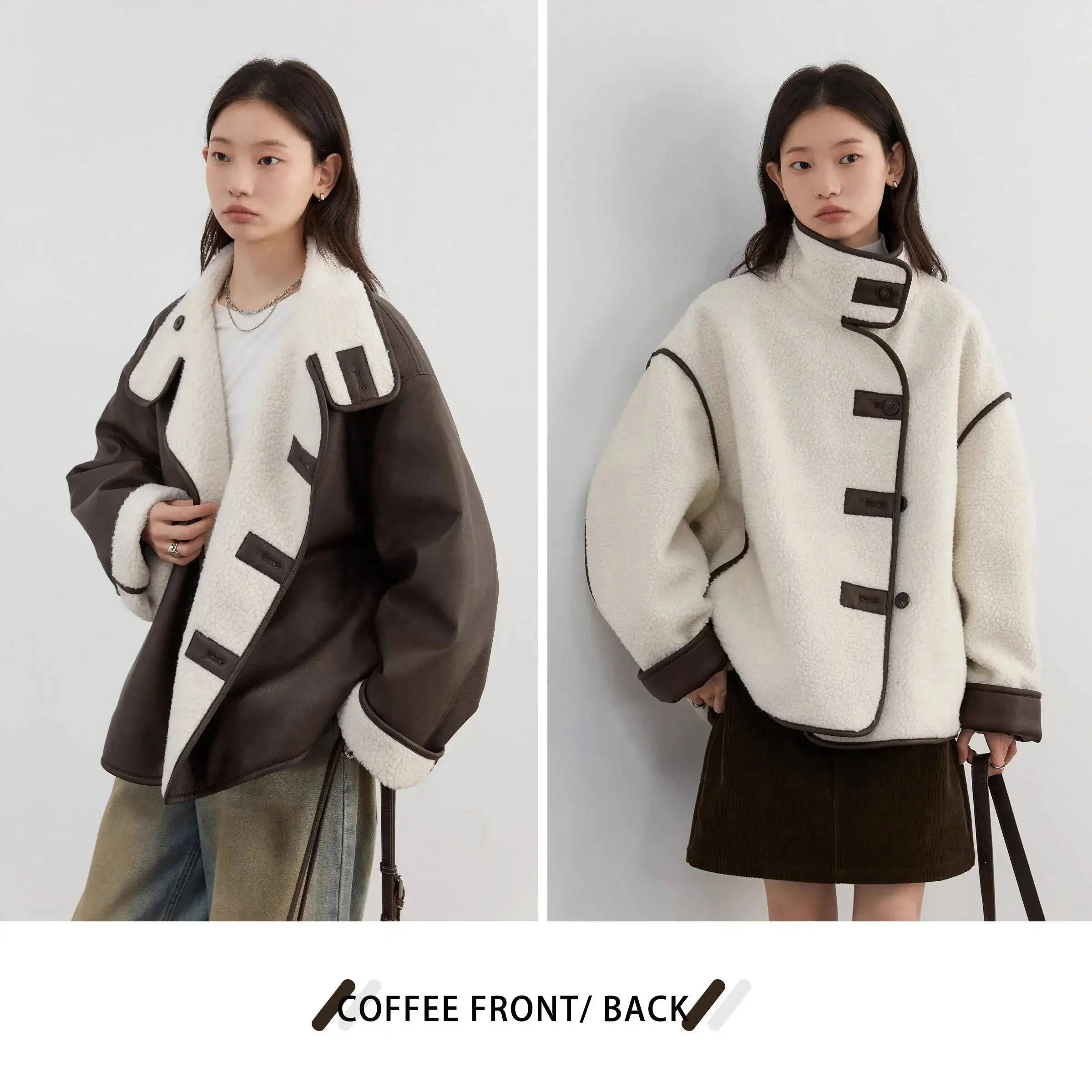 UMI MAO Women Jackets Loose Casual Reversible Imitation Lamb Female Overcoat Contrast Color Patchwork Coat Autumn Winter