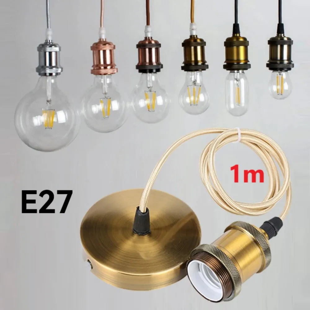E27 Suspension Wire Lamp Holder, Antique Copper Metal Pendant Lamp Holder Set, Vintage Electroplated Aluminum Shell Lamp Holder