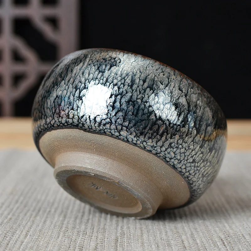 Handmade China Tenmoku Flower Tea Bowl Cup Jianzhan with Oil Spot Glaze Traditional Chinese Ceramics