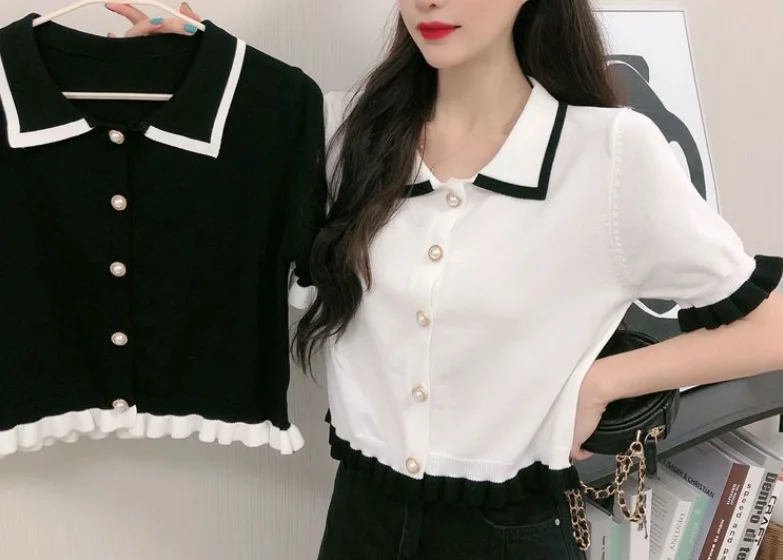 Spring/Summer New Retro Turn-down Collar Short Sleeve Slim Fit Single Breasted Knitted T-shirt For Women