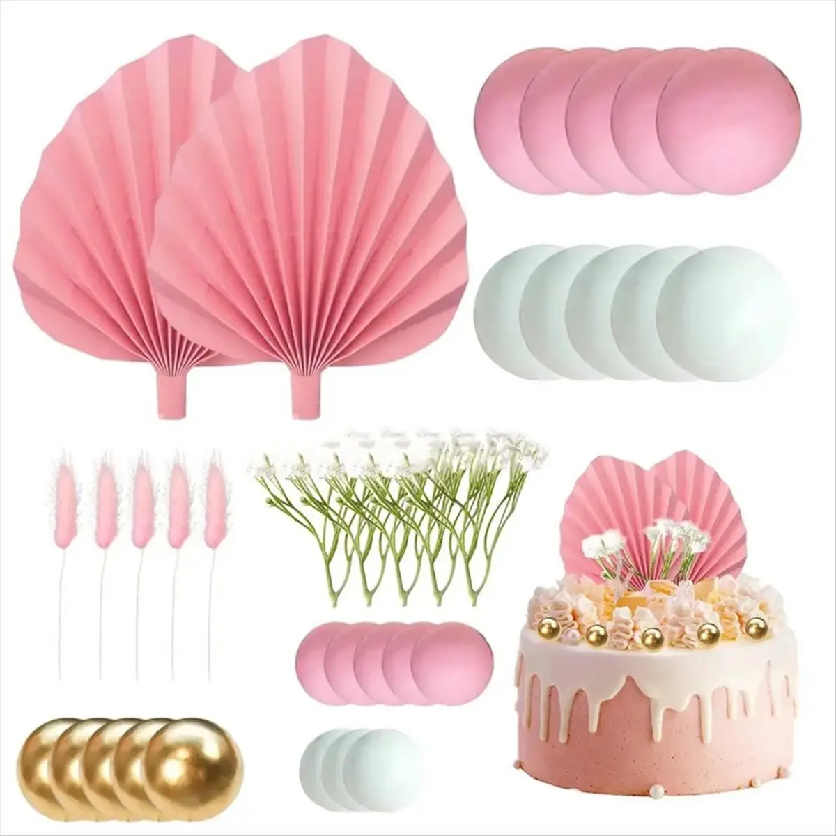 REST Cake Topper Balls Artificial Flower Small Fan Balls Cake Topper Decorations Gold White Pink Balls Baking Decoration
