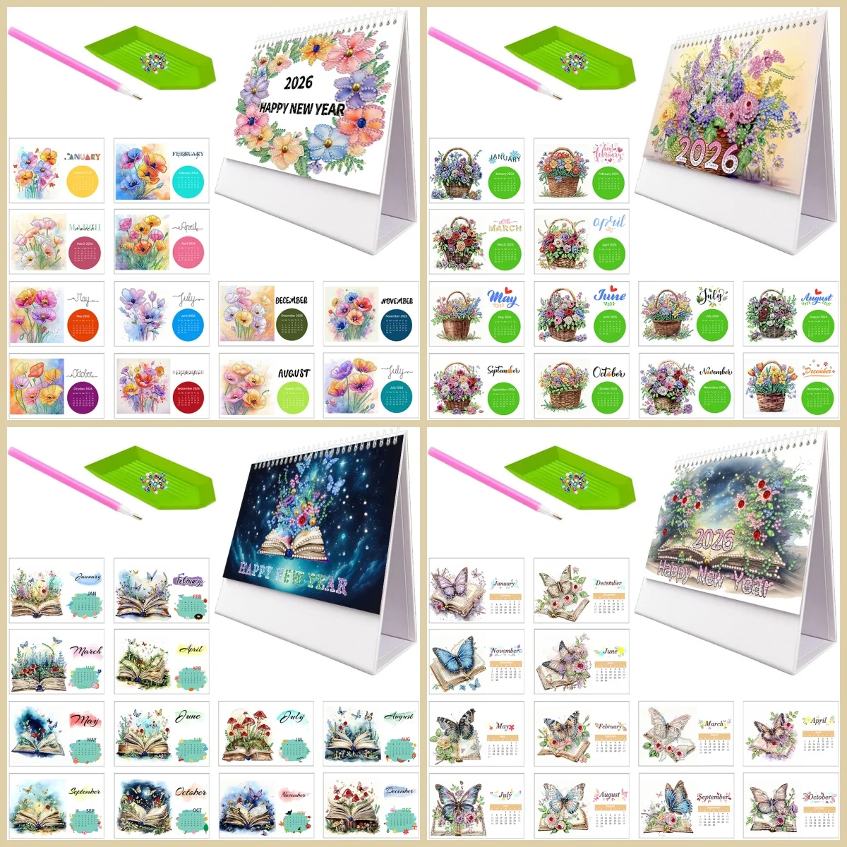 1 Piece of Diamond Painting set, Calendar, flower, Butterfly pattern, paper Material, desk, public place, etc. desktop Placement
