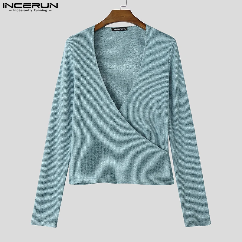 INCERUN Solid Color Long Sleeve Tops American Fashion Cross-Over Collar Texture T-shirts Men Well Fitting Sexy Knitted Camiseta image 4