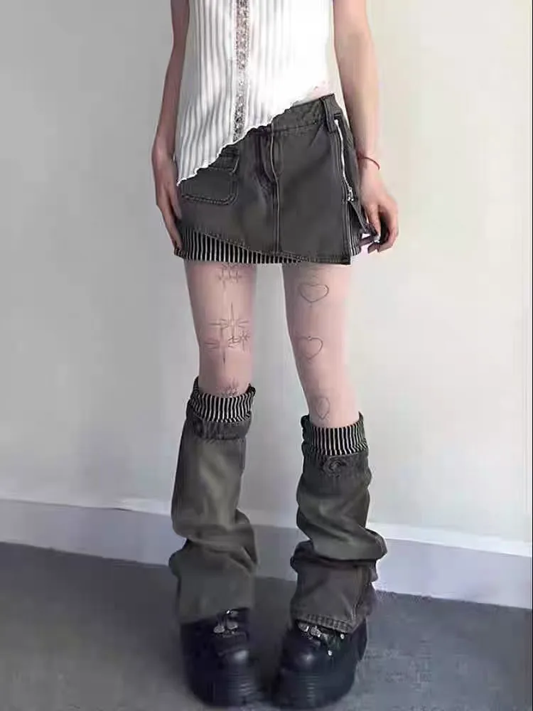 American Striped Patchwork Skirts Set Y2K High Waist Streetwear Leg Sleeve Suit Harajuku Gothic 2000S Mini Irregular Skirts