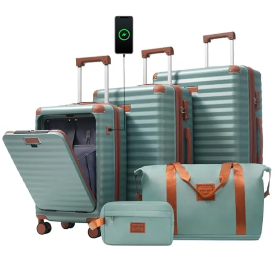 5 Pcs Luggage Set, Front Opening Hardside Suitcase Set