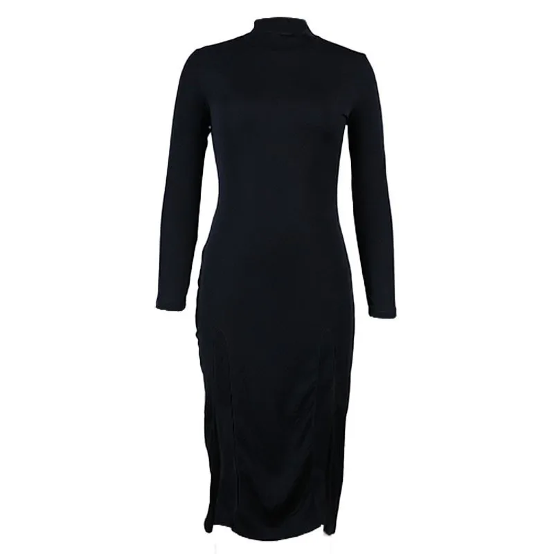 เสื้อผ้าผู้หญิงแขนยาวผ่าสองข้างคอตั้งครึ่งเดียวทรงเข้ารูปเซ็กซี่สีพื้นชุดเดรสลายทางยาวฤดูใบไม้ร่วง2024