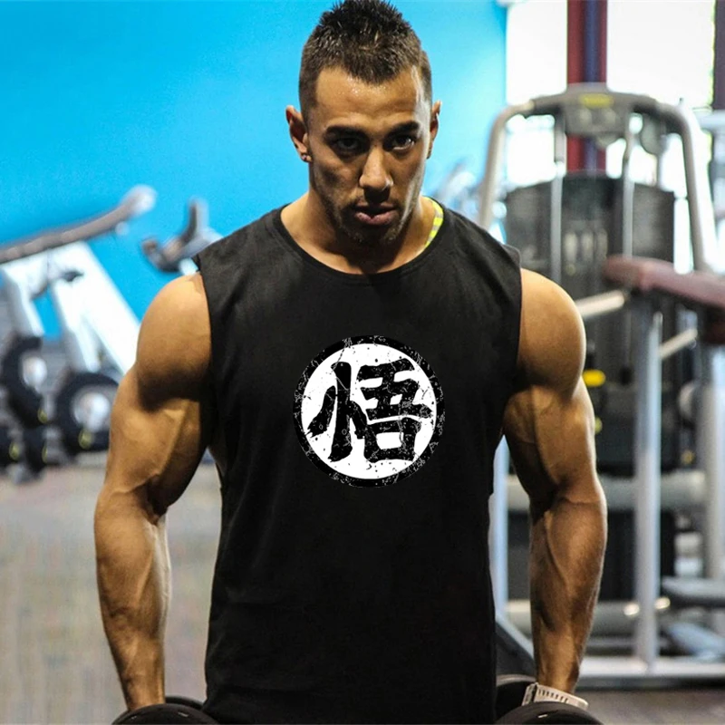 

Japanese Anime Wu Font Funny Print Fitness Tank Top Mens Cotton Bodybuilding Stringer Vest Gym Clothing Sports Sleeveless Shirt