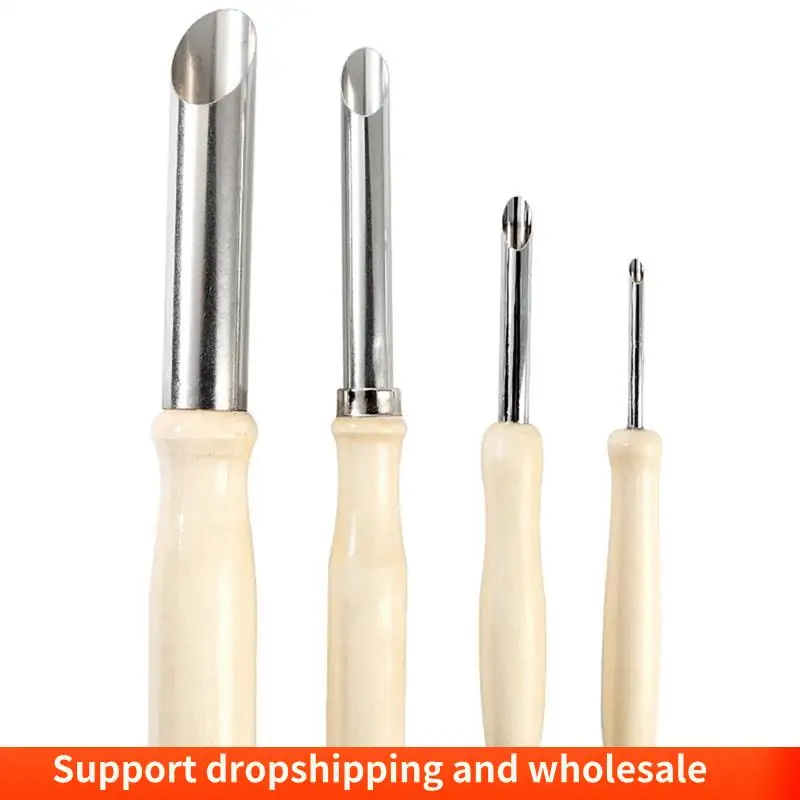 

AA86 4PCS Stainless Steel Punch Pot Hole Drilling Round Practical Wooden Handle Manual Set White&Silver