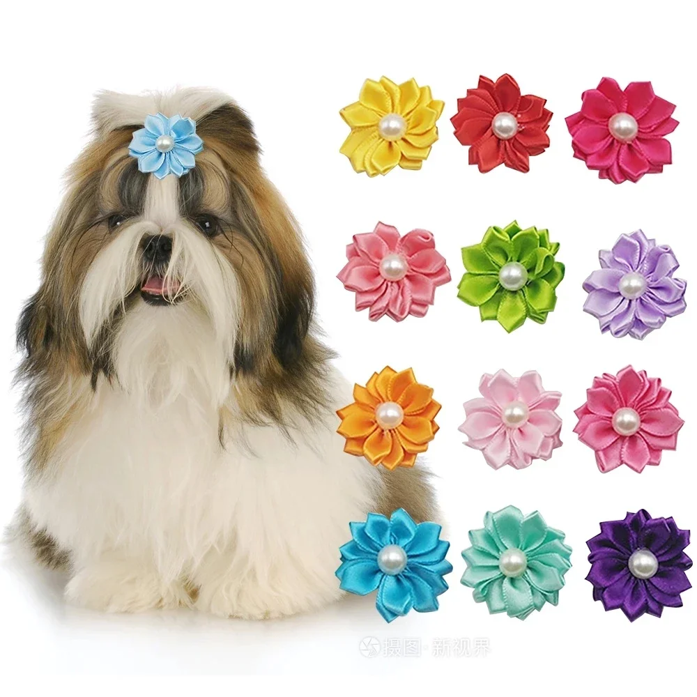 10PCS Mode Hund Pflege Zubehör Nette Bowknot Blume Imitation Perle Welpen Stirnband Gummiband Pet Haar Decor Zubehör