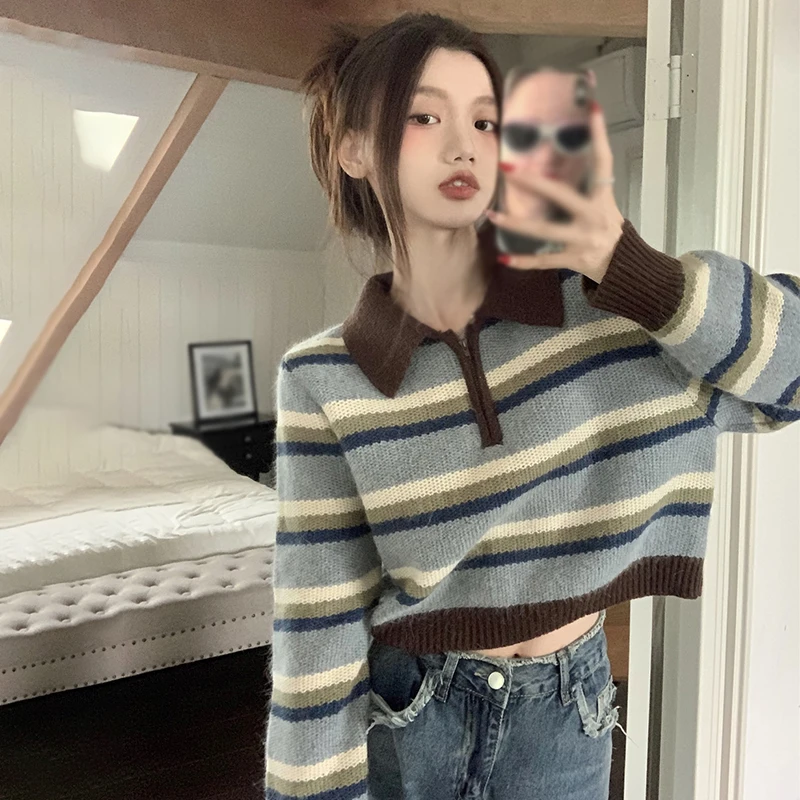 Women's Short Top Autumn Hottie Striped Sweater Zipper Loose Fit Contrast Color Pullover Fashion Versatile Winter Bottoms