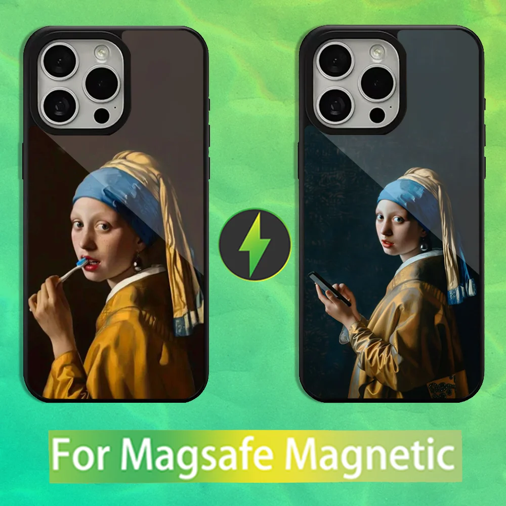 

V-Vermeer Art Girl Phone Case For iPhone 16,15,14,13,12,11,Pro,Max,Plus,Mini,Magsafe,Magnetic Wireless Charging Case